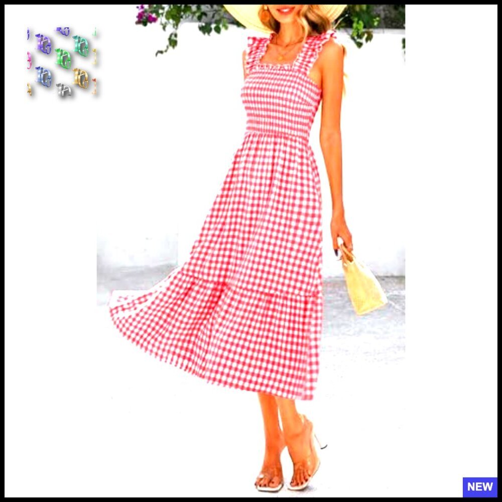 Square Neck Ruffle Strap Smocked Midi Dress Flowy A-Line Gingham Casual Chic - Picture 2 of 7